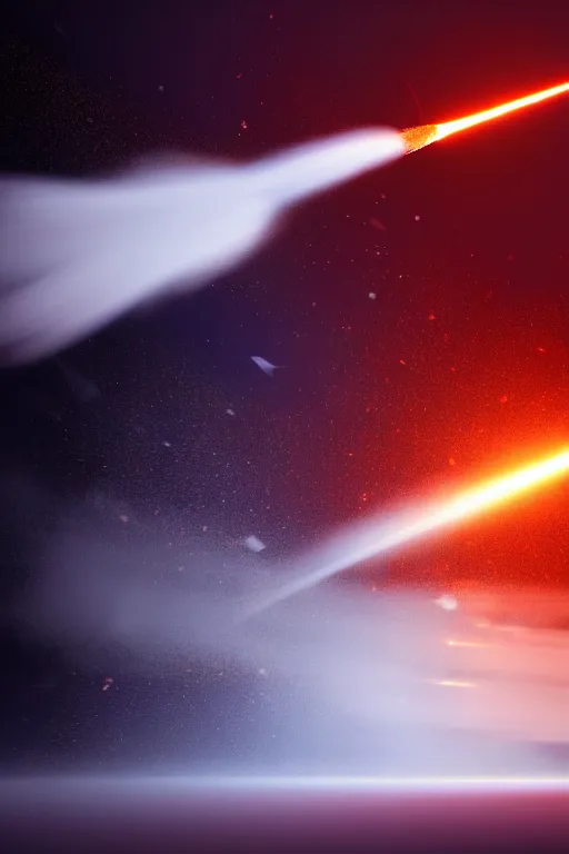 Image similar to hyperdetailed photograph of a futuristic sleek fast rocket launching and leaving huge plumes of smoke, cinematic, volumetric lighting, night