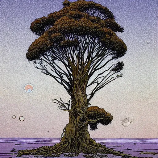 Prompt: a large tree rooted in a rough diamond planet floating in space, by moebius