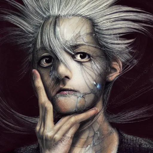 Image similar to Yoshitaka Amano realistic illustration of an anime girl with white hair and cracks on her face wearing dress suit with tie fluttering in the wind, abstract black and white patterns on the background, noisy film grain effect, highly detailed, Renaissance oil painting, weird portrait angle