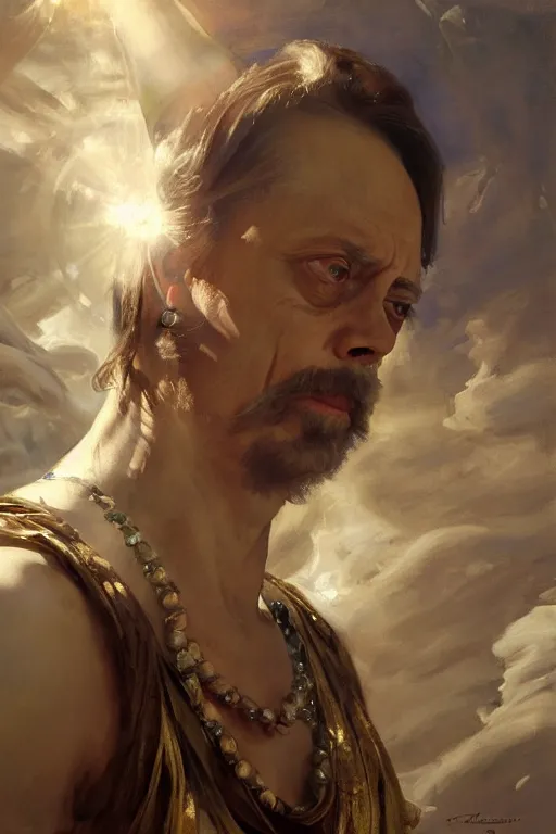 Image similar to beautiful expressive oil painting portrait of ancient roman god emperor steve buscemi ascending wearing the civic crown levitating in religious pose, art by anders zorn, wonderful masterpiece by greg rutkowski, beautiful cinematic light, american romanticism by greg manchess, jessica rossier