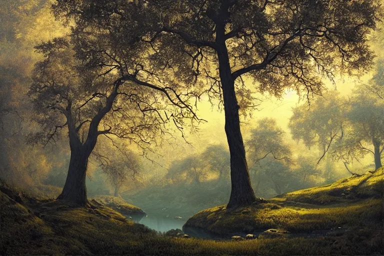 Image similar to masterpiece painting of oak trees on a hillside overlooking a creek, dramatic lighting, by filip hodas