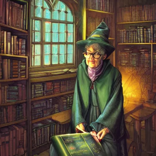 Prompt: Granny Weatherwax as a rigorous, stringent professor in Hogwarts School of Witchcraft and Wizardry, detailed, hyperrealistic, colorful, cinematic lighting, digital art by Paul Kidby’