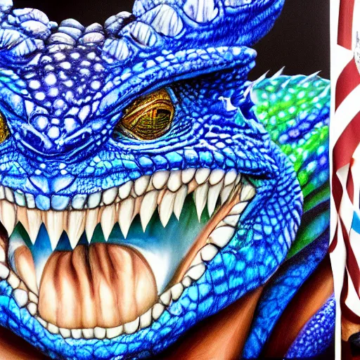 Image similar to president trump is a smiling laughing bright blue lizard person, airbrush painting, hyper detailed, 8 k, photorealism, rule of thirds, glitter.