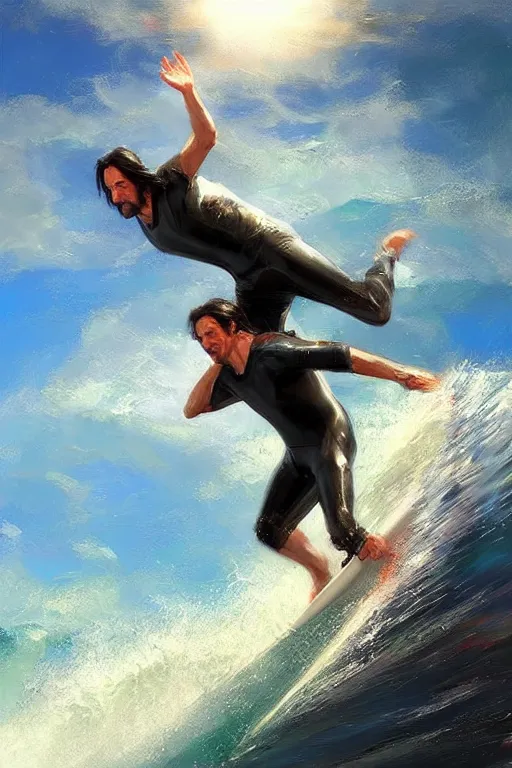 Image similar to keanu reeves surfing, sun lights, painting by daniel gerhartz, alphonse murac, detailed art, artstation