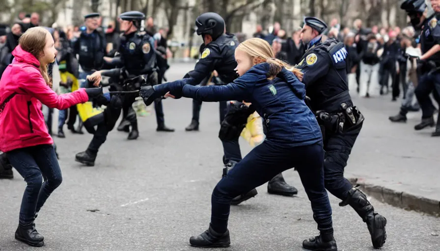 Image similar to greta thunberg instigating a fight in front of the police