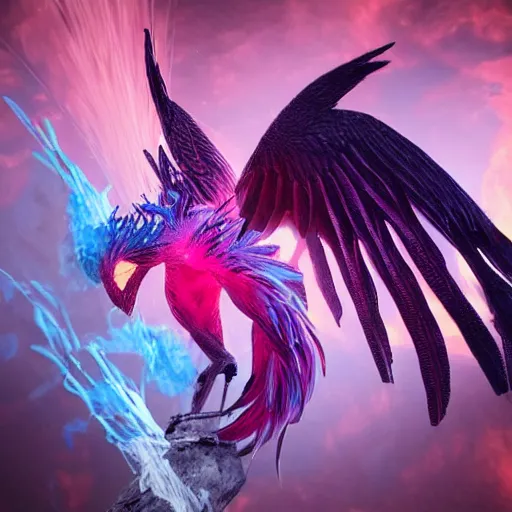 Prompt: pink and blue flaming phoenix, unreal engine 5, intricate, detailed, realistic