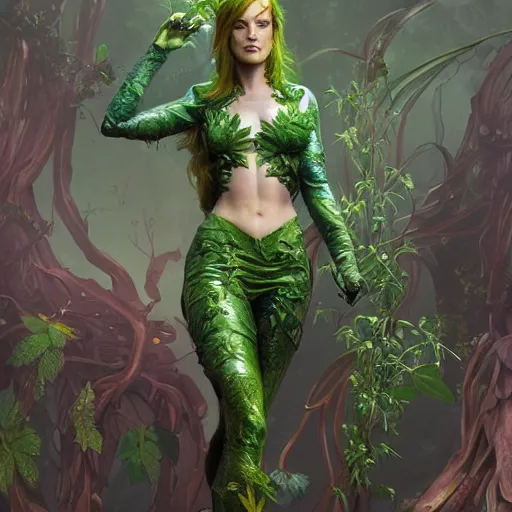 Prompt: full figure ultra realistic illustration, evan rachel wood as poison ivy wearing futuristic armor made of plants, highly detailed, digital painting, artstation, concept art, smooth, sharp focus, illustration, art by artgerm and greg rutkowski and alphonse mucha