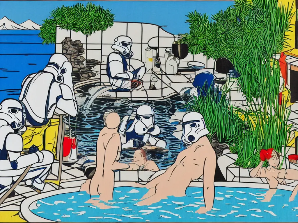 Image similar to hyperrealism composition of the japanese house with a hot springs in the garden, two detailed stormtroopers bathe in a hot spring, pop - art style, jacky tsai style, andy warhol style, roy lichtenstein style, round canvas, acrylic on canvas