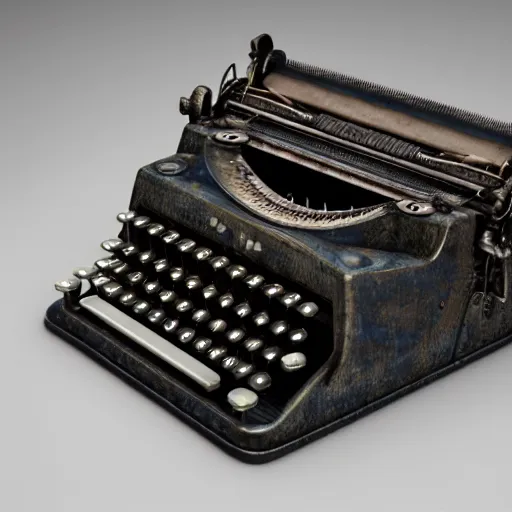 Prompt: an old lovecraft typewriter with a sheet of paper on which words in an ancient language are written, mysterious, dark fantasy, insanely detailed, photorealistic, dramatic lighting, v - ray, unreal engine 5, raytracing, ambient occlusion, 8 k, digital art, by beksinski and rutkovski, artstation