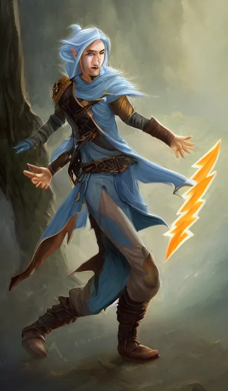 Prompt: cute whimsical half - elf sorcerer rogue running leaving a trail of lightning, brown leather tunic, ( ( ( ( ( ( chris pratt ) ) ) ) ) ), light grey - blue hair, d & d, fantasy, portrait, highly detailed, digital painting