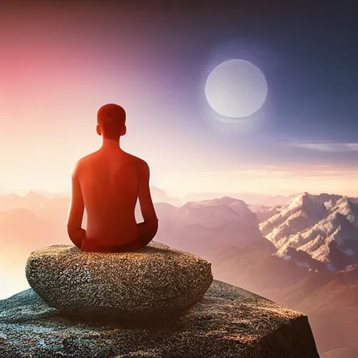 Image similar to photorealistic man meditates on a mountaintop, looking into the horizon, magical, impressive, infinity, sunset light, Atmospheric phenomenon, matte painting, dream-like award-winning digital art, muted colors, conceptual