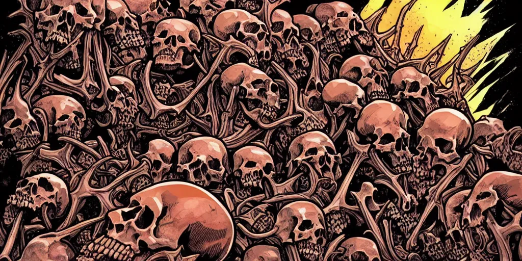 Prompt: a !!!!hellish landscape of skulls of different sizes, bones and flesh. Marvel comic style.