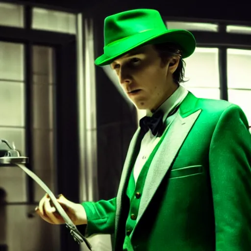 Prompt: film still of Paul Dano as Riddler in a green suit and tie and green fedora in The Batman, 4k, dark lighting, film noir, grainy, dark tone