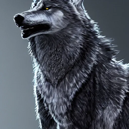 Image similar to Wolf dressing black hoodie, artstation, hyperdetailed, cgsociety,8k,