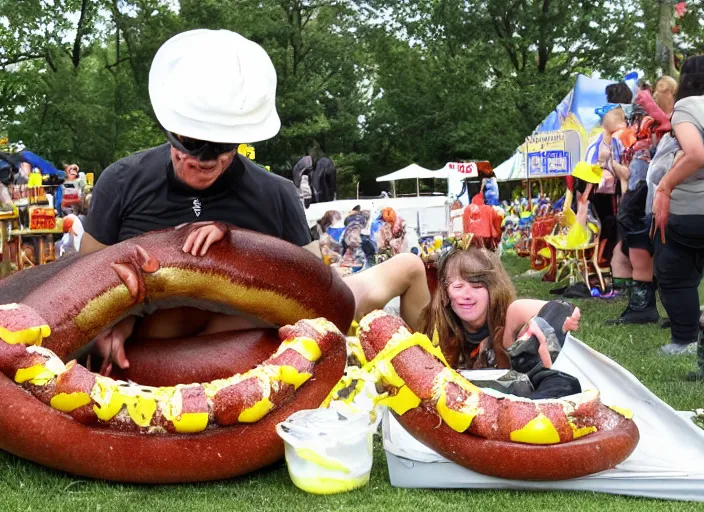 Prompt: Giant cave salamander coming to the surface to eat hot dogs and drink lemonade at the carnival