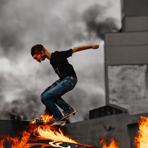 Prompt: advertisement for black skater brand jeans, skatepark in flames, photography