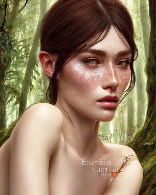 Image similar to beautiful digital painting of a stylish eurasian crystal socialite forest with high detail, real life skin, freckles, 8 k, stunning detail, works by artgerm, greg rutkowski and alphonse mucha, unreal engine 5, 4 k uhd