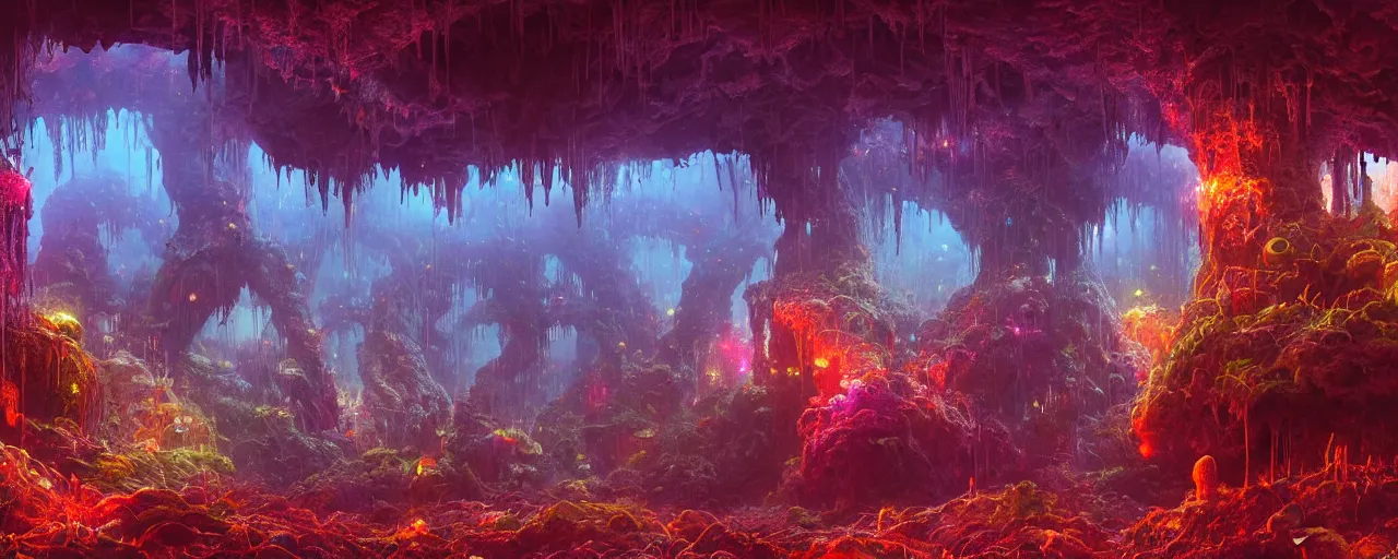 Image similar to ” mycelium, roots, deep cavern, [ moist, wet, cinematic, detailed, epic, widescreen, opening, establishing, mattepainting, photorealistic, realistic textures, octane render, art by paul lehr ] ”