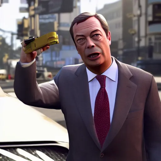 Prompt: nigel farage in gta 5, splash art, movie still, cinematic lighting, dramatic, octane render, long lens, shallow depth of field, bokeh, anamorphic lens flare, 8 k, hyper detailed, 3 5 mm film grain