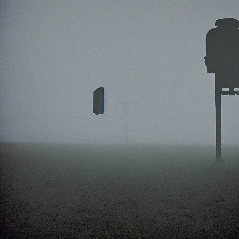 Image similar to a sole lanky liminal observer droid by dennis mejillones, in a brutalist yet rural landscape by simon stalenhag, 3 5 mm film photography, dawn, eerie fog