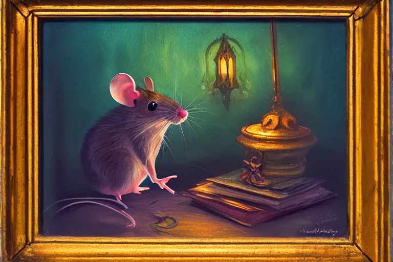 Prompt: A mouse in a Gothic atelier, oil painting, detailed, colorful, glowing lighting, 4k, dimly lit, in the style of vintage Disney,