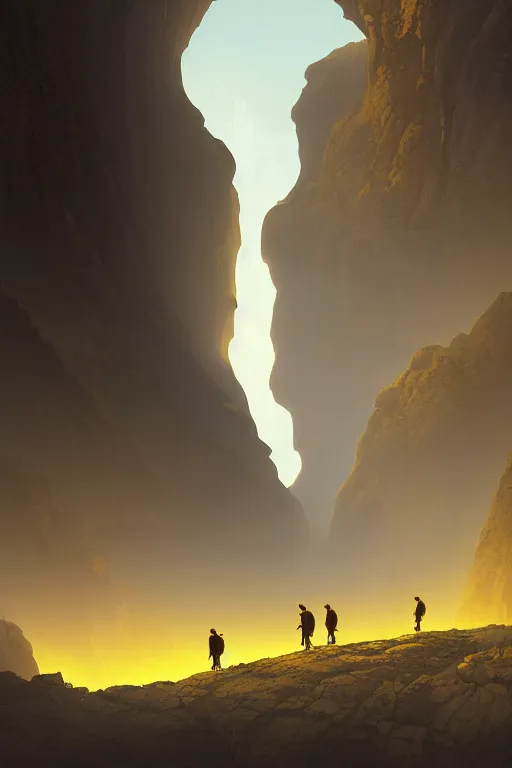 Image similar to monks walking through canyon to ancient temple glowing yellow, carved into cliff, light streaks in the sky, eclipse, dramatic lighting, artstation, matte painting, ralph mcquarrie, simon stalenhag