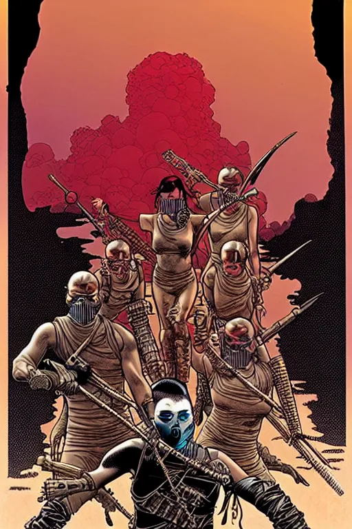 Prompt: madmax fury road cover art. muted colors. by mœbius