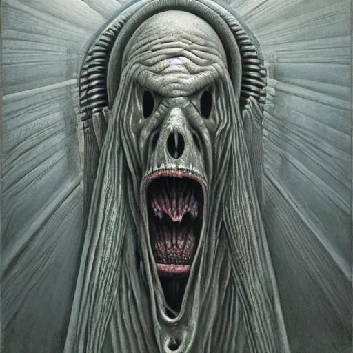 Image similar to scream by zdzisław beksiński, jeffrey smith and h.r. giger, oil on canvas, XF IQ4, f/1.4, ISO 200, 1/160s, 8K, RAW, unedited, symmetrical balance, in-frame