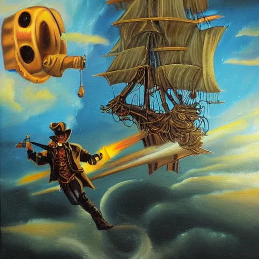 Image similar to A steampunk pirate attacks a spaceship. Oil painting