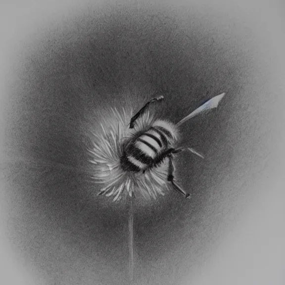 Image similar to a pencil drawing of a bee flying over a flower. by pen tacular