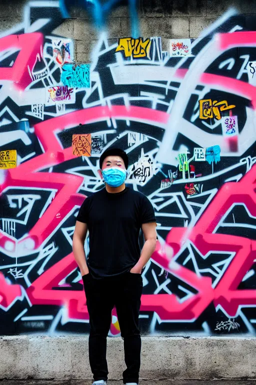 Image similar to asian guy with mask stand in front of wall with full of graffiti tag and mural, photorealistic, smooth, 4 k, aesthetic lighting, baroque object, hyperdetailed, professional photography, pullitzer winning, photo by : canon eos 5 d mark iv, by karah mew and adnan abidi and jodie bateman