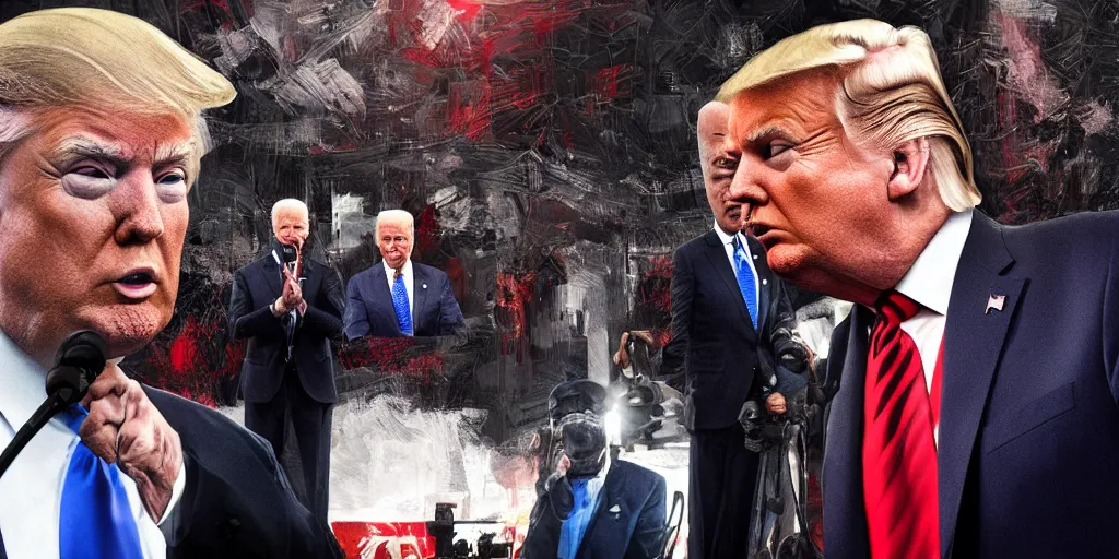 Prompt: donald trump staring at joe biden, volumetric lighting, award - winning, perfection, ambitious, ambient occlusion, vibrant, 4 k hd, grainy, painting