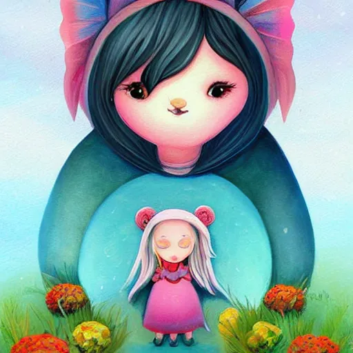 Prompt: a painting of a little girl and a bear, a storybook illustration by Jeremiah Ketner, deviantart contest winner, fantasy art, storybook illustration, digital illustration, deviantart hd