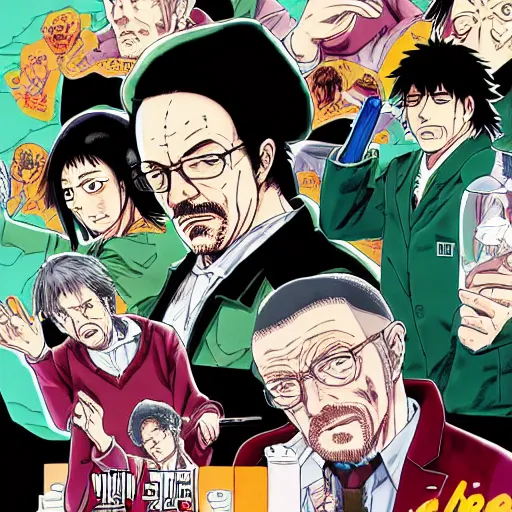 Image similar to Breaking Bad, manga cover illustration by Hirohiko Araki, Takeuchi Takashi, Pochi Iida, Masashi Kishimoto, Junichi Oda, Jojo, Shonen Jump, detailed