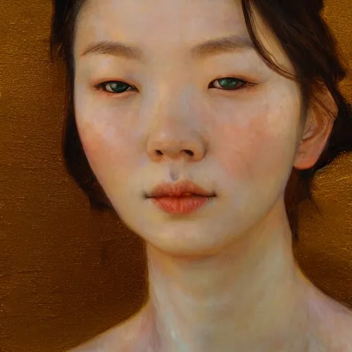 Image similar to high quality portrait painting of woman by Fenghua Zhong and Gustav Klimt, stunning, detailing, artstation trending, perfect lighting, golden hour, elegant, delicate, master work, face detailing