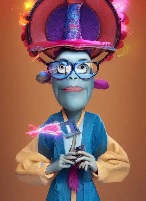 Prompt: an anthropomorphic beautiful female scientist portrait blowing a bong wearing colourful robe, fine art, wizard hat, award winning, intricate, elegant, sharp focus, octane render, hyperrealistic, wizard hat cinematic lighting, highly detailed, digital painting, 8 k concept art, art by jamie hewlett and z. w. gu, masterpiece, trending on artstation, 8 k