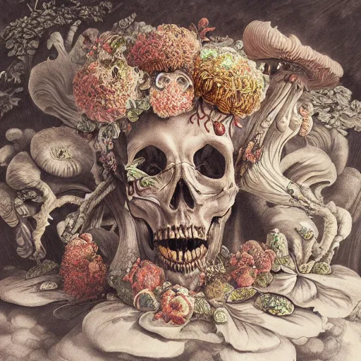 Prompt: a beautiful detailed rococo photo of a rotten woman corpse becoming almost a skull with face muscles, veins, arteries, fractal plants and fractal flowers and mushrooms growing around, intricate, ornate, volumetric light, beautiful lit, beetlejuice