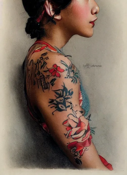 Prompt: a beautiful mixed asian girl with a tattoo on her arm by Norman Rockwell