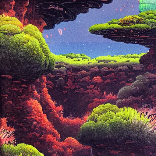 Image similar to detailed painting of a lush natural scene on an alien planet by tojiro oshita. beautiful landscape. weird colourful vegetation. cliffs and water.