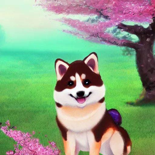 Prompt: a cute fluffy shiba inu plays under the cherry blossom tree, highly detailed, digital painting, artstation, concept art, movie still, smooth, sharp focus uhd 8 k