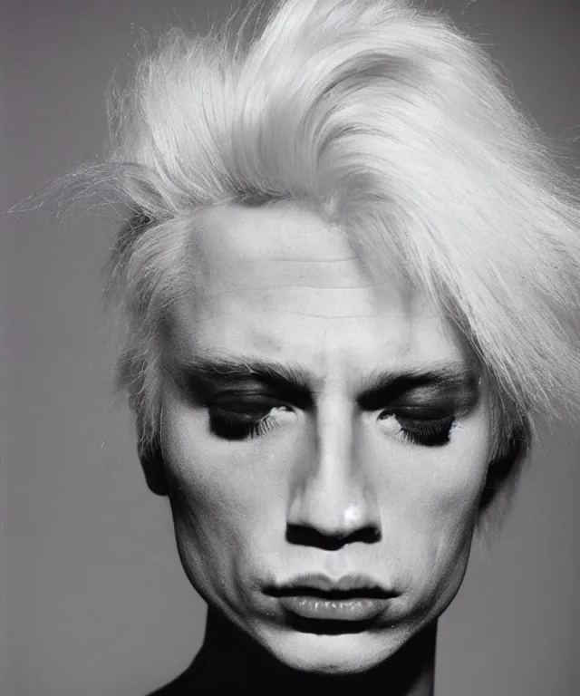 Image similar to a color photograph of a non binary model, platinum blonde, by robert mapplethorpe, intense, bold, hyperrealistic, ultra sharp, extra details, ultra high quality, trending on pinteresst