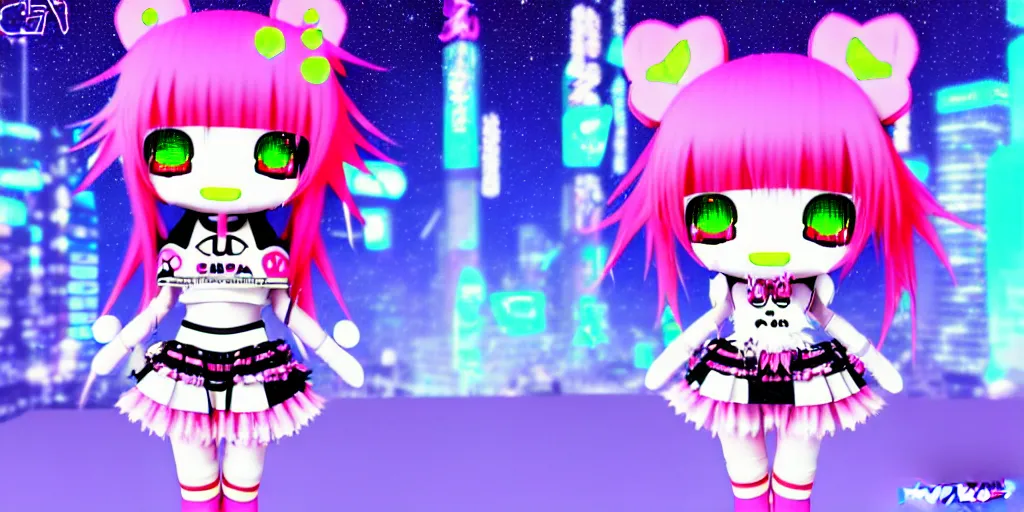 Prompt: 3 d anime render of a decora gyaru kawaii cybergoth emo fashion model vtuber, in a cyberpunk blade runner maximalist city of my melody sanrio plushies, artstation cgsociety