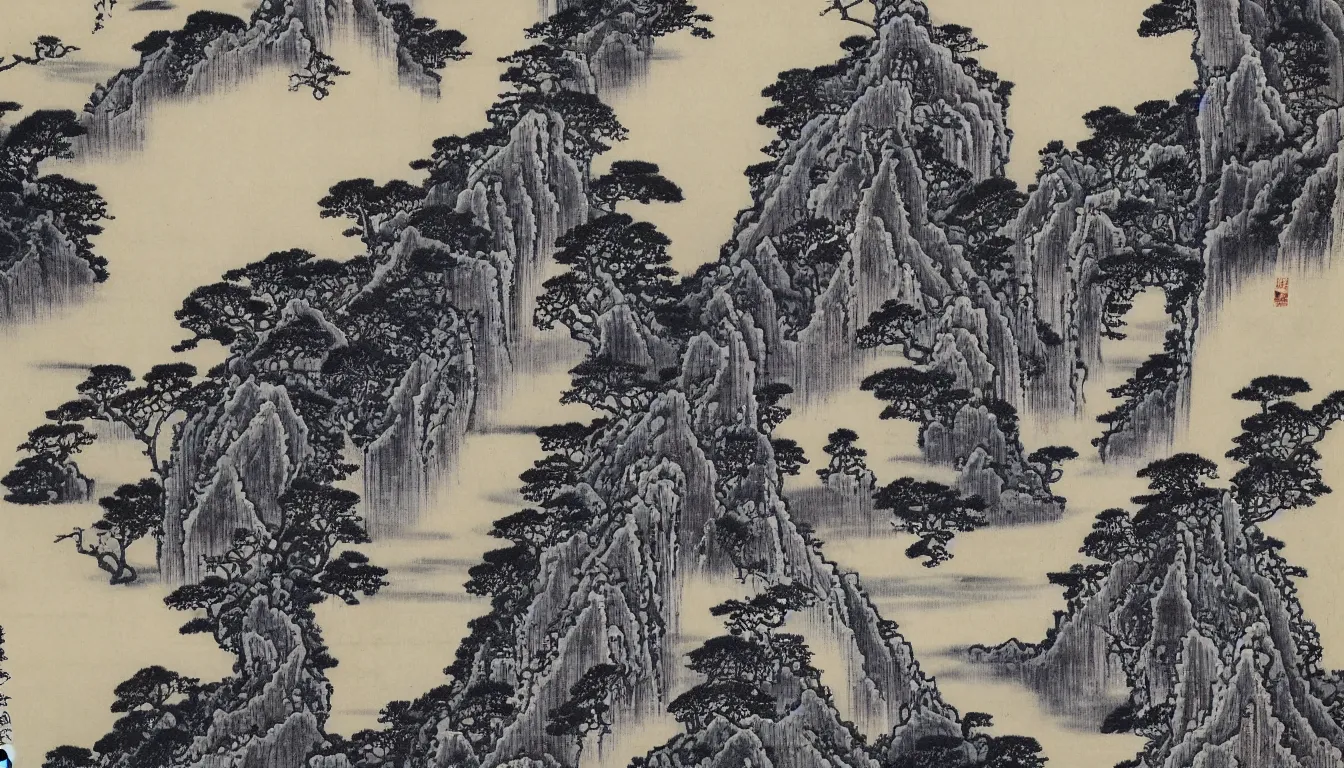 Prompt: traditional chinese ink drawing of a waterfall, mountains, forest, by hokusai, ultra detailed