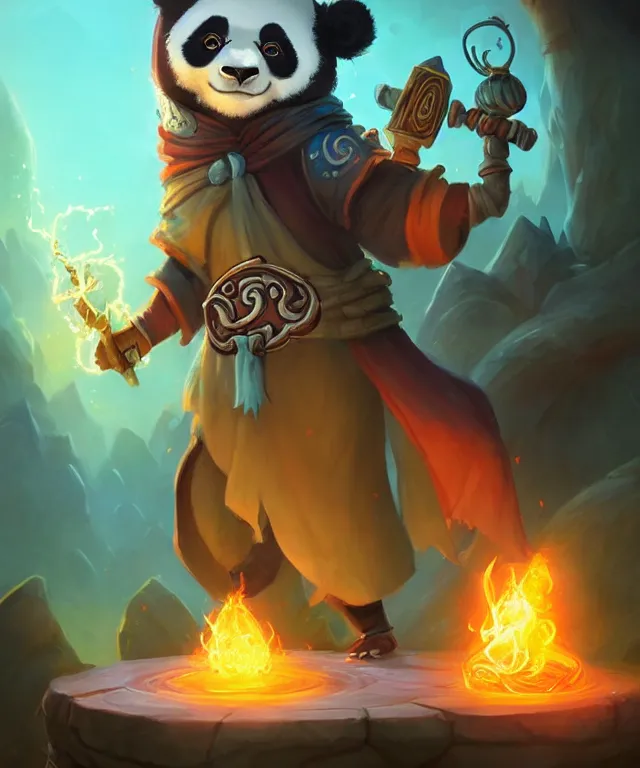 Image similar to a portrait an anthropomorphic panda mage casting a spell, wearing mage robes, landscape in background, cute, dnd character art portrait, by world of warcraft and peter mohrbacher, cinematic lighting