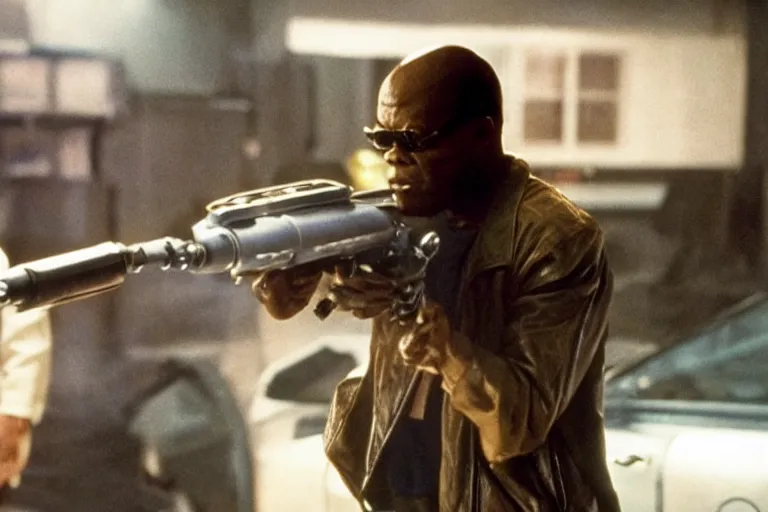 Image similar to Samuel L. Jackson plays Terminator and kills pikachu, action scene from the film