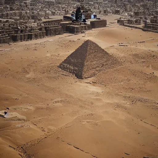 Image similar to a bird's eye view of the pyramids at giza and a river of flowing blood