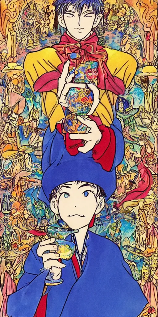 Image similar to a mystical man with a goblet on the table, wizard hat, drawn by Naoko Takeuchi, impressive line work, tarot card. tarot card the magician, psychedelic