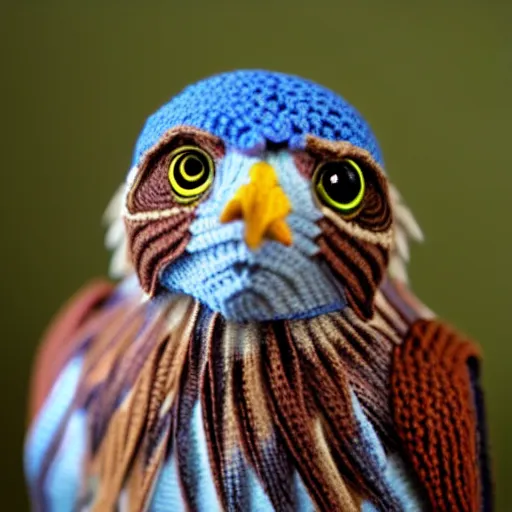 Image similar to video kestrel, crochet, hyperrealistic, realistic lighting