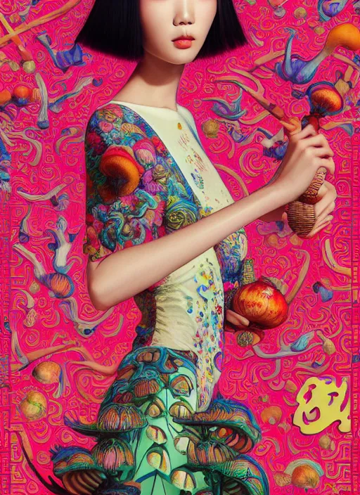 Image similar to pretty chinese model with hallucination mushroom : : by martine johanna and simon stalenhag and chie yoshii and casey weldon and wlop : : ornate, dynamic, particulate, rich colors, intricate, elegant, highly detailed, centered, vogue, harper's bazaar art, fashion magazine, smooth, sharp focus, octane render, 8 k