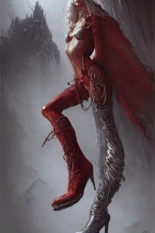 Image similar to red women's boots, shoes only, by wlop, by luis royo, by peter mohrbacher, concept art, digital illustration, intricate, masterpiece, elegant, super detailed, unreal engine rendering, smooth, sharp focus, artstation hq